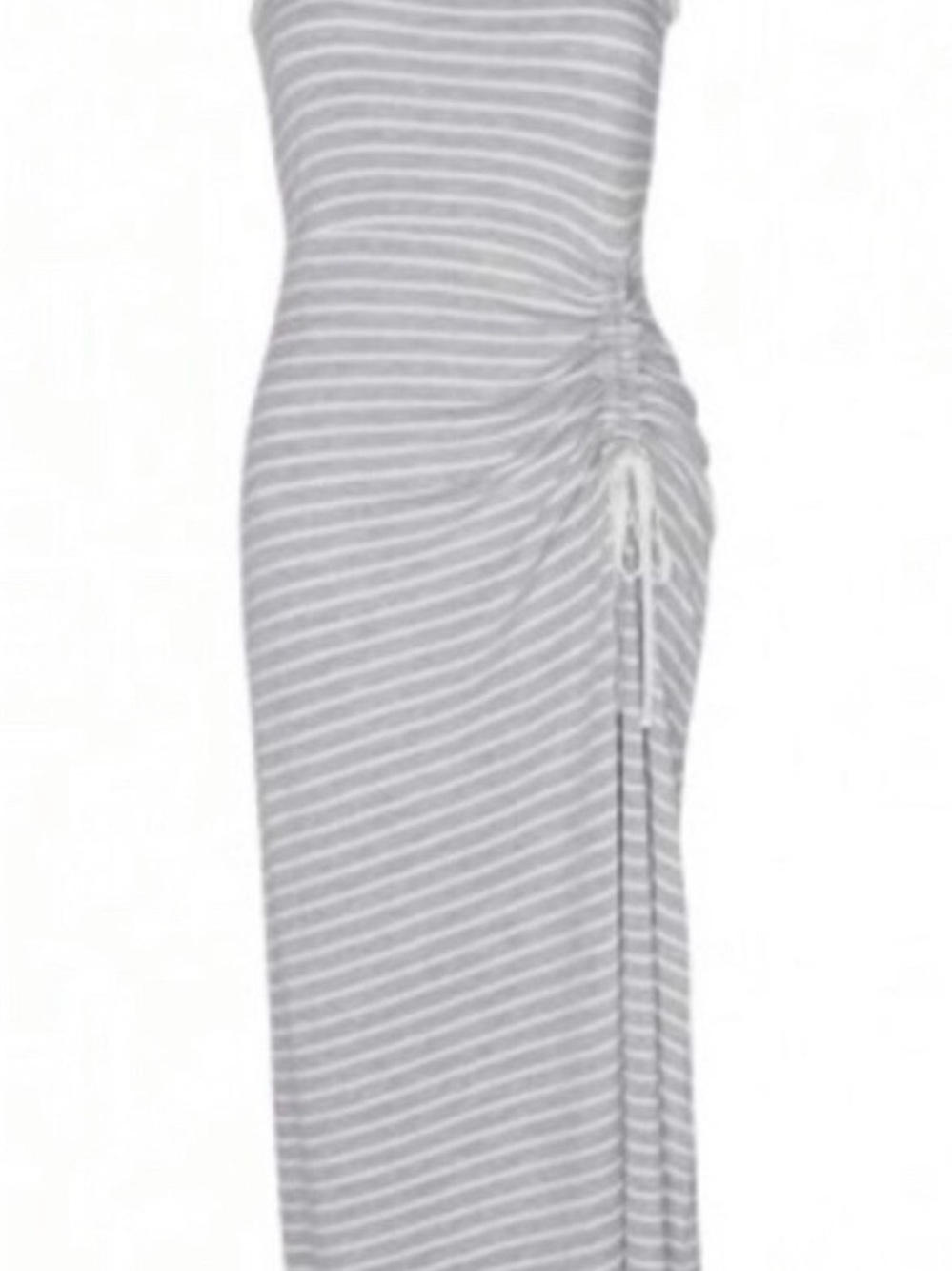 CAbi Gray and White Striped Ruched Side Maxi Dress